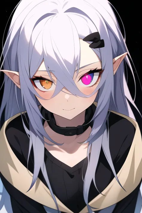 anime girl with long grey hair, heterochromatic eyes, and black sclera around the eyes