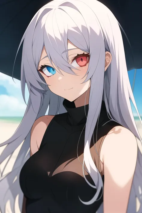 anime girl with long grey hair, heterochromatic eyes, and black sclera around the eyes