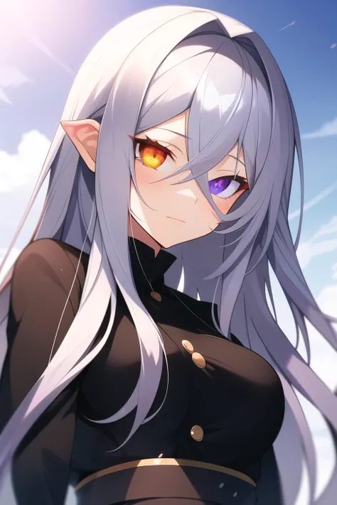 anime girl with long grey hair, heterochromatic eyes, and black sclera around the eyes