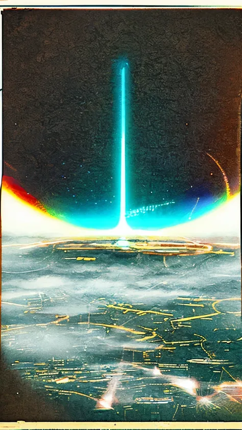 Many thin beams of light intersect and shoot towards the fog on the ground，Top-down angle shooting，old poster，Old photos are grainy，Mysterious Psychedelic Retro，Asymmetrical composition，Lots of white space，Sci-fi psychedelic，No mans environment，