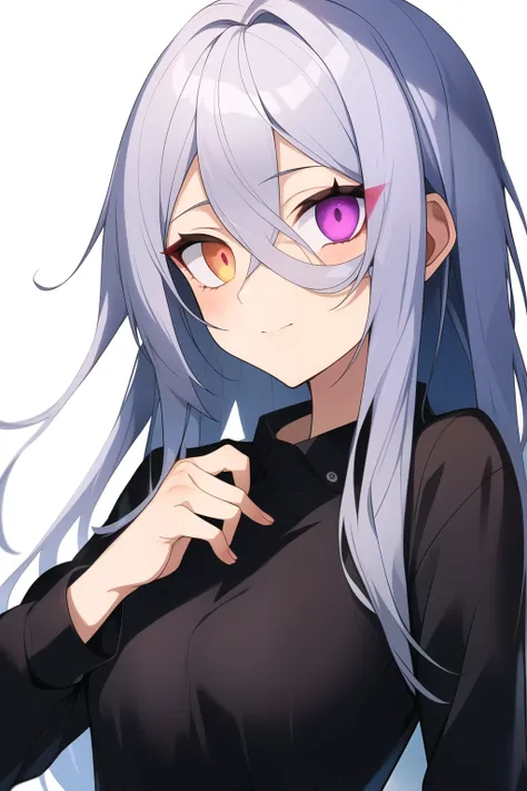 anime girl with long grey hair, heterochromatic eyes, and black sclera around the eyes