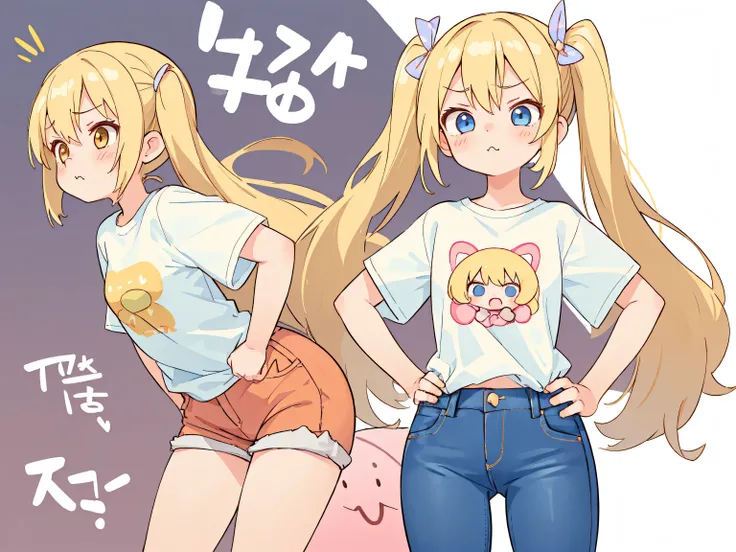 Little、One Girl、Long twin tails、Blonde、Tsundere、cute、Small breasts、T-Shirts、Short jeans、Hands on hips、puffing out mouth