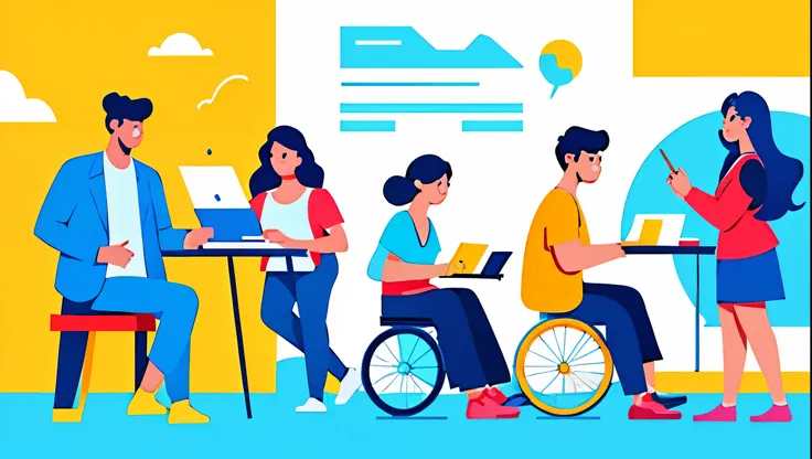 1 male student on a Wheelchair in front a ladder, Diversity among the groups of students should be evident in terms of ethnicity, gender, and physical appearance, High quality, high-definition,  bright color scheme ,colorful illustrationseditorial illustra...