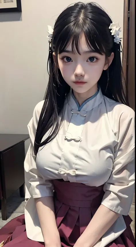 Master quality, highest quality, best picture quality, exaggerated details, a cute 8 year old asian  with a shy expression, slightly squinted eyes, adjusting her hair, long eyelashes (long hair / very, very exaggerated big breasts, big  / in  petticoat dre...