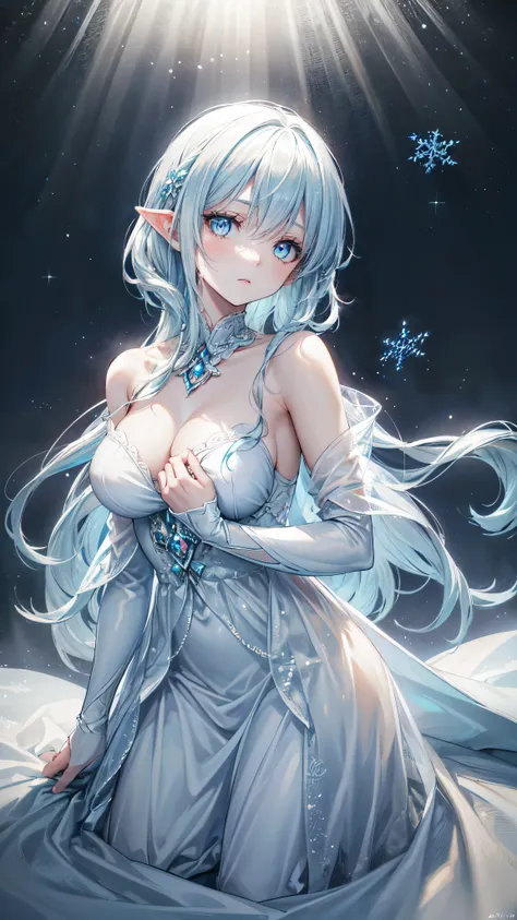 (best quality,4k,8k,highres,masterpiece:1.2),ultra-detailed,(realistic,photorealistic,photo-realistic:1.37),anime,portrait,blue eyes,white hair,shorthair,beautiful young woman,ice princess,ethereal,elven-like features,graceful,fantasy setting,magical atmos...