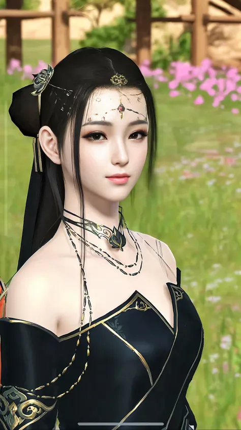 a close up of a woman in a black dress with a flower in her hair, a beautiful fantasy empress, beautiful render of tang dynasty,...