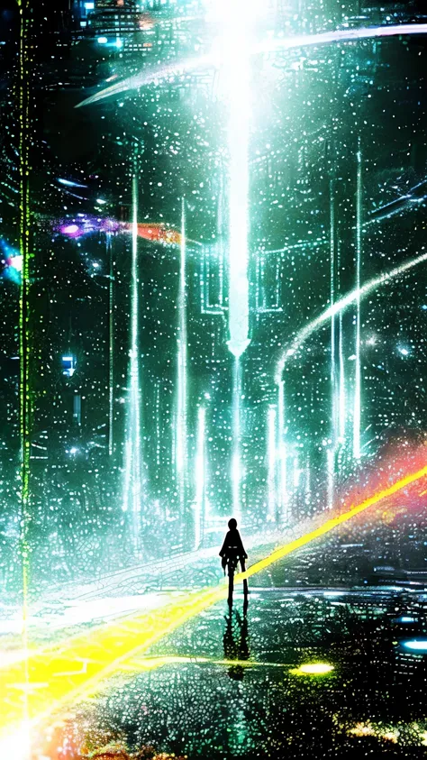 Many thin lasers，The beam of light is directed straight towards the ground fog，perspective，old poster，Old photos are grainy，Mysterious Psychedelic Retro，Asymmetrical composition，Lots of white space，Sci-fi psychedelic，No mans environment，