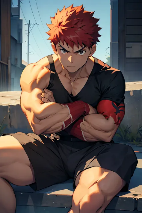 shirou is sitting and flexing his biceps. he wears black shorts. you can see his thighs. he looks stoic and serious. he has bulg...