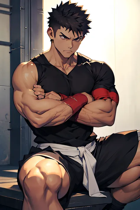 shirou is sitting and flexing his biceps. he wears black shorts. you can see his thighs. he looks stoic and serious. he has bulg...