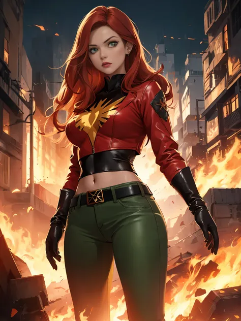 (highly quality, masterpiece, detailed), burning city detailed scenario, burning city detailed background, jean-grey, belt, red ...