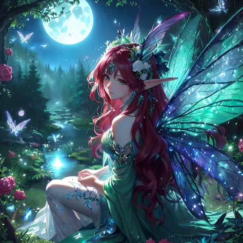 hada anime sentada en el bosque con la luna llena de fondo, hermosa hada, beautiful fantasy anime, hermosa hadas, hermosa hada, fairy aesthetic, beautiful fantasy art, fantasy art style, hada del bosque, beautiful detailed fantasy, Anime fantasy artwork, A...