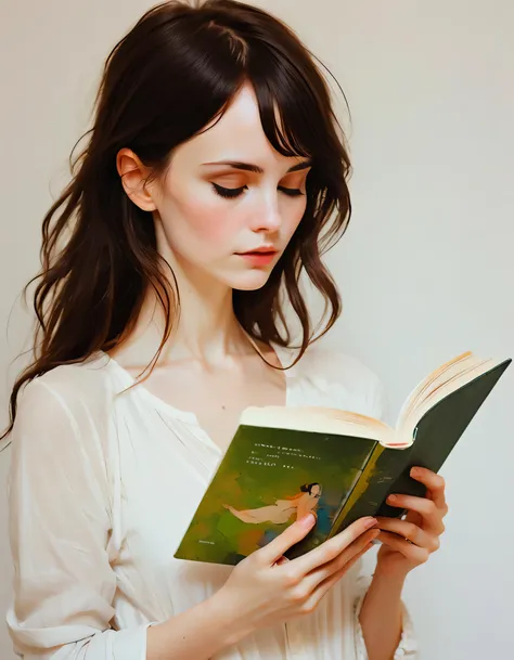 a woman in a white shirt is reading a book