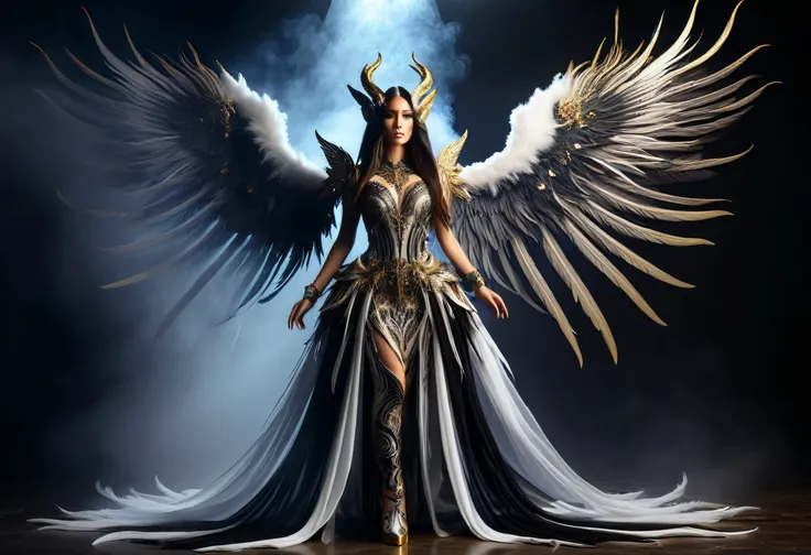 split full body image of beautiful feminine character design of (hybrid angel), darkness with horns, shadow, twinkling light, lo...