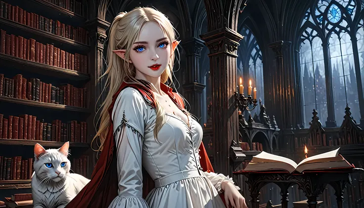 arafed a picture of elf vampire in her castle and her pet epic cat an exquisite beautiful female elf vampire (ultra details, mas...