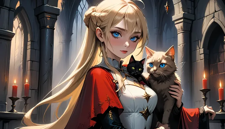 arafed a picture of elf vampire in her castle and her pet epic cat an exquisite beautiful female elf vampire (ultra details, mas...