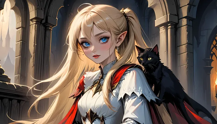 arafed a picture of elf vampire in her castle and her pet epic cat an exquisite beautiful female elf vampire (ultra details, mas...