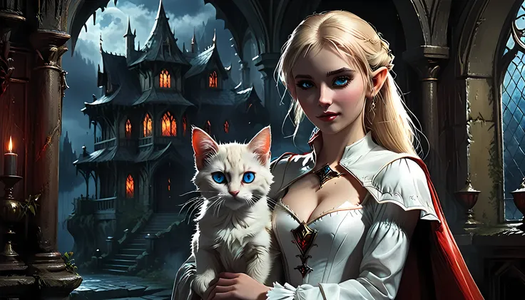 arafed a picture of elf vampire in her castle and her pet epic cat an exquisite beautiful female elf vampire (ultra details, mas...