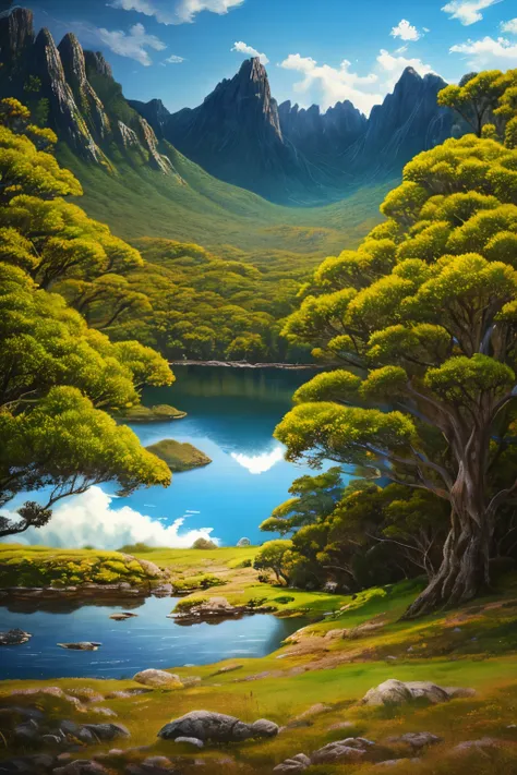 A highly detailed anime illustration, Tasmania Cradle Mountain 
landscape,
vintage, dreamy,  drawing, trending on artstation, UHD, (((by Quentin de Warren))):1.8, atmosphere, luminosity