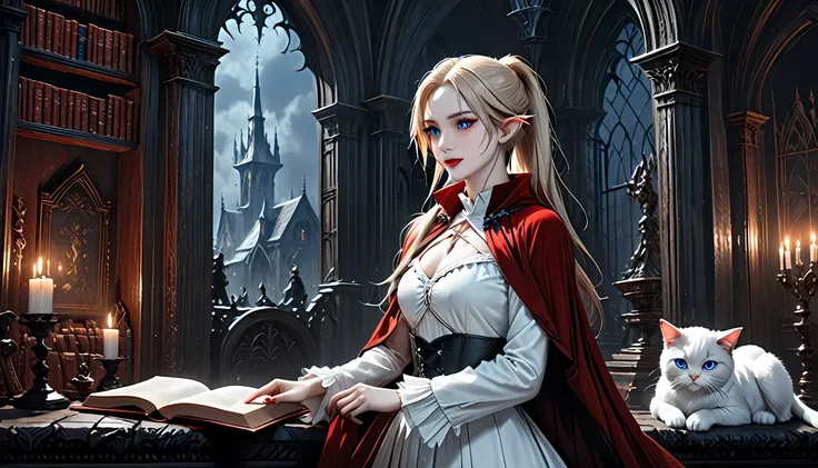 arafed a picture of elf vampire in her castle and her pet epic cat an exquisite beautiful female elf vampire (ultra details, mas...