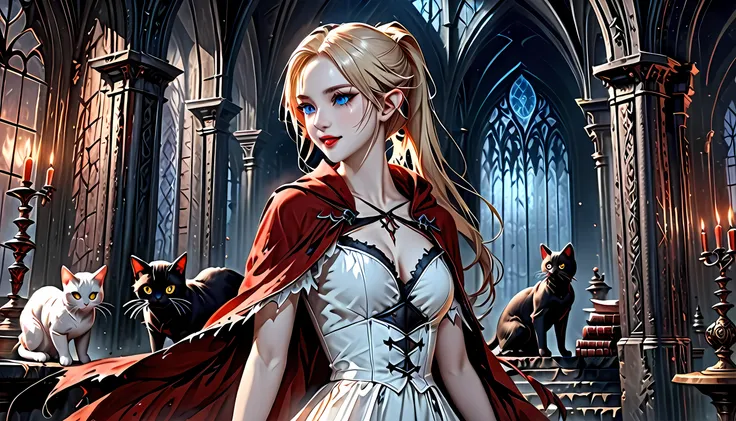 arafed a picture of elf vampire in her castle and her pet epic cat an exquisite beautiful female elf vampire (ultra details, mas...