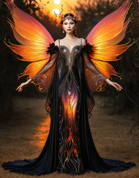 Full body shot of a fairy queen of darkness, elegant, with wings that seem made of fire. Pearly silk clothing, with delicate shapes that represent flames. Semi-transparent sleeves, sunset background, enchanting, conveying a feeling of magic and dreams, eth...