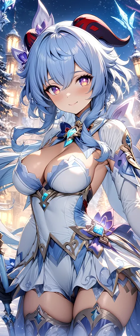 (masterpiece), best quality, expressive eyes, perfect face,1girl,ganyu,genshin impact,((light blue and white intricate magical girl costume:1.5)),big breasts,(hair flower),winter,,dutch angle,(thighigh boots),light blue hair,cleavage,looking at viewer,smil...