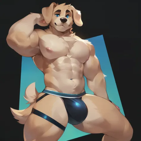 Solo, male (((domestic dog, blue eyes, muscular, thin waist, pink nipples, tan body, tan fur, tail, floppy ears, folded ears, black jockstrap, big bulge))) standing, perfect anatomy, by darkgem, by mystikfox61, by glitter trap boy