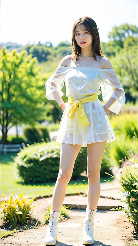 (8k、raw photos、highest quality、masterpiece:1.2)、(realistic、realistic)、1 girl、((white and yellow miniskirt、garden、off the shoulde...