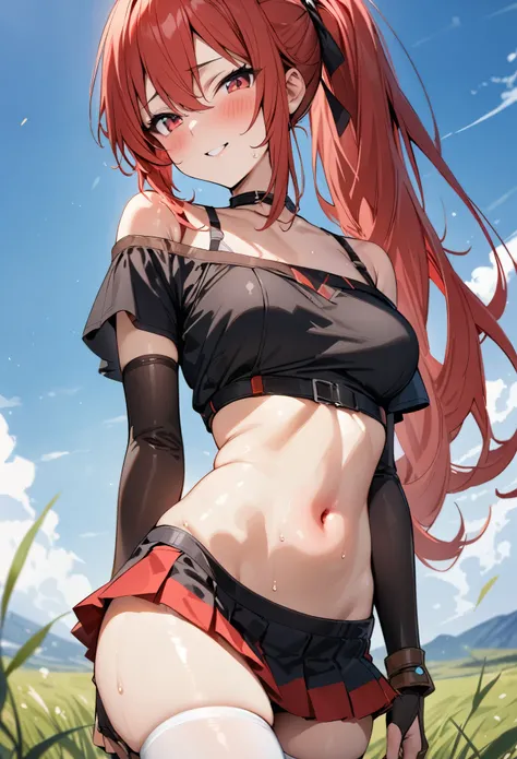 ((masterpiece, highest quality:1.3)),cowboy shot,25 year old beauty,solo,((very small head)),red hair,ponytail hair,long hair,red eyes,blunt,skinny,medium breasts,(long body),slender body,skinny,shiny skin,oily skin,blush,A strong smile、White off-the-shoul...