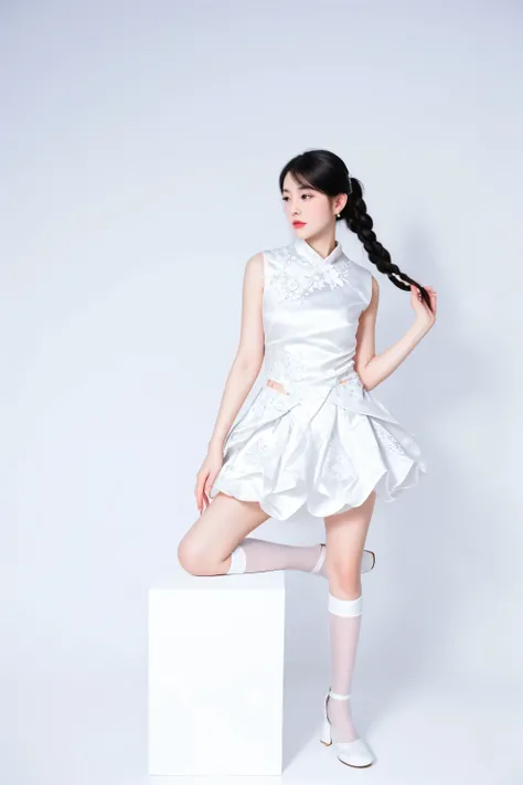 araffe woman in a white dress sitting on a white box, white polygonal dress, white puffy outfit, white background : 3, white cyborg fashion shot, white dress!! of silver hair, in white clothes, cheongsam, white silky outfit, white clothes, rei hino as a pr...