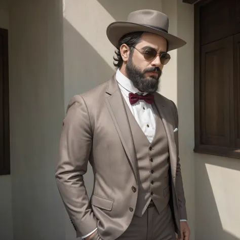 Ultra-realistic portrait of a 38-year-old man with a beard and sunglasses, in a detailed historical setting of the 19th century. The man is dressed in an elegant suit from the Victorian era, con un chaleco de brocado dorado, una chaqueta de lana negra con ...