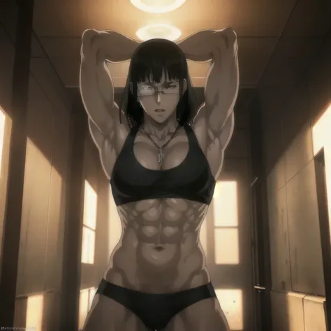 (best quality,ultra-detailed,realistic:1.37),musclaur badass girl with sculpted body with preview her musclaur body and six-pack, full review of the female characters face and body, intense expression,studio lighting, vivid colors, physiologically-based re...