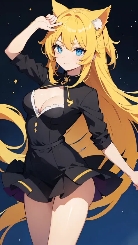 Anime cat girl with long yellow hair and blue eyes is dancing.