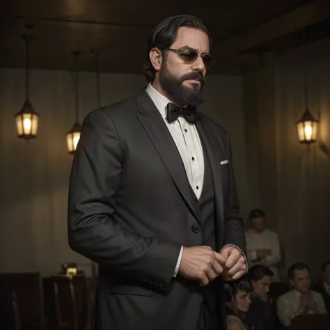 A 38-year-old man with a rugged beard and stylish sunglasses stands as the protagonist in a gripping film scene. He wears a tailored black suit with a crisp white shirt, looking sharp and focused. The setting is a dimly lit, smoky jazz club with a vintage ...