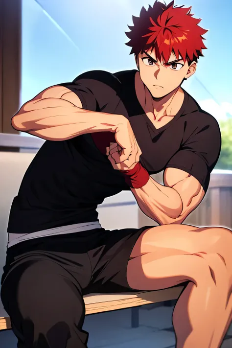 Shirou is sitting and flexing his biceps. He wears black shorts. You can see his thighs. He looks stoic and serious. He has bulging veins on his arms. He wears a black tshirt with short sleeves. His sleeve is completely rolled up so you can see his entire ...