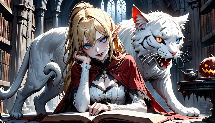 arafed a picture of elf vampire in her castle and her pet epic cat an exquisite beautiful female elf vampire (ultra details, Masterpiece, best quality), bloody mouth blond hair, pale skin, hair in a ponytail, long hair, blue eyes, cold eyes, smirking, wear...