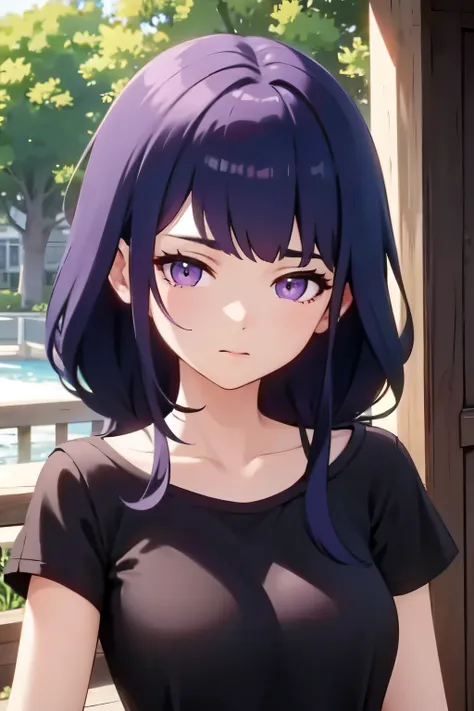 ((best quality)), ((masterpiece)), (detailed), perfect face. asian girl. purple hair. purple eyes. t-shirt.