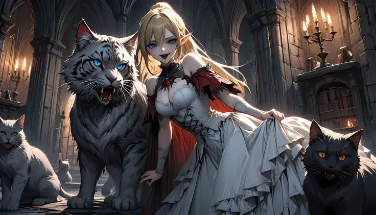 arafed a picture of elf vampire in her castle and her pet epic cat an exquisite beautiful female elf vampire (ultra details, mas...