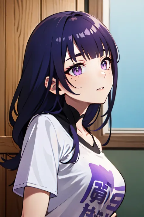 ((best quality)), ((masterpiece)), (detailed), perfect face. Asian girl. Purple hair. Purple eyes. T-shirt.