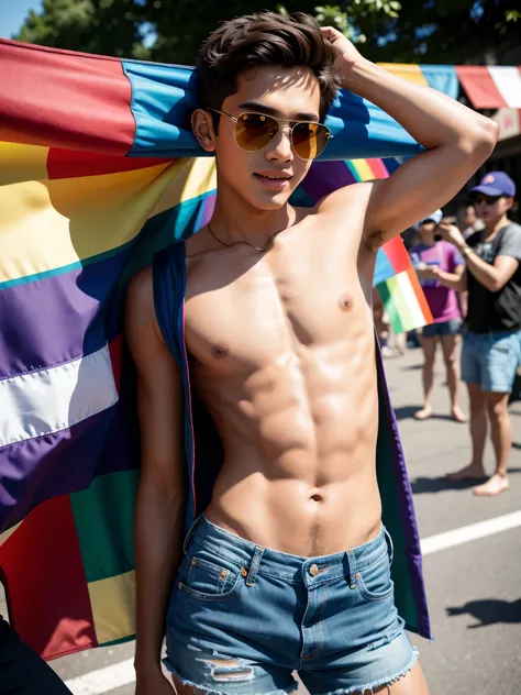 (1boy, photorealistic:1.4, ultra realistic, masterpiece:1.2, best quality, 4k, 8k), beautiful full body photograph of a handsome 21-year-old male enjoying the new york city gay pride parade wearing only sunglasses and denim booty shorts, celebrating gay pr...