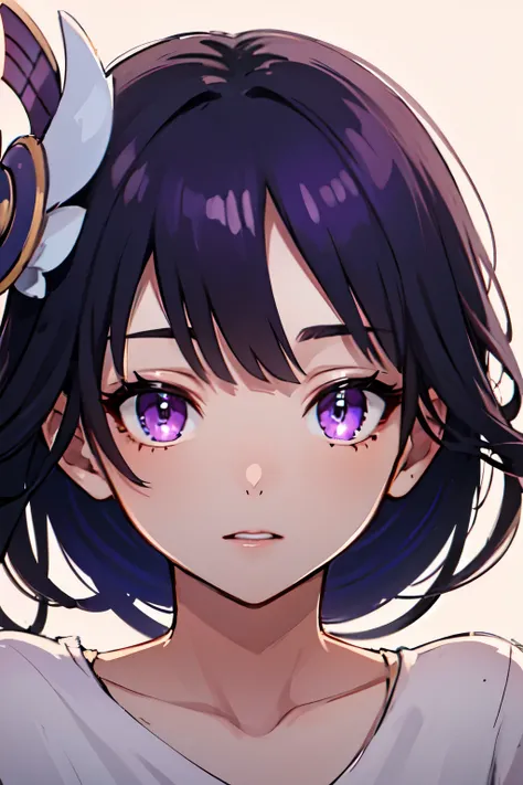 ((best quality)), ((masterpiece)), (detailed), perfect face. Asian girl. Purple hair. Purple eyes. T-shirt.