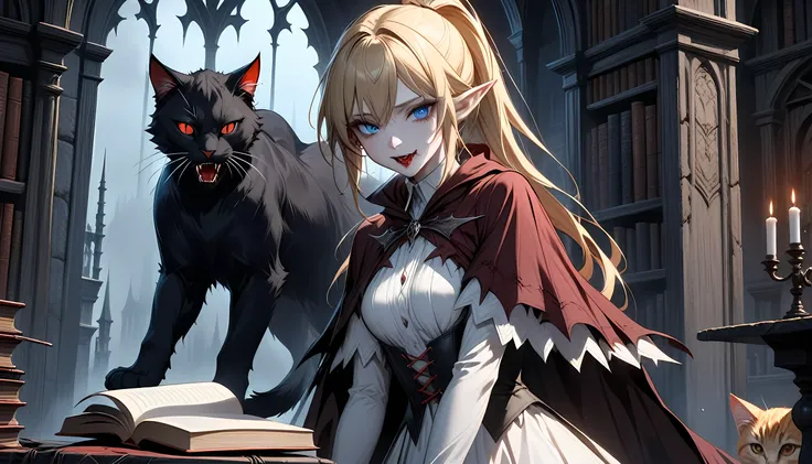 arafed a picture of elf vampire in her castle and her pet epic cat an exquisite beautiful female elf vampire (ultra details, mas...