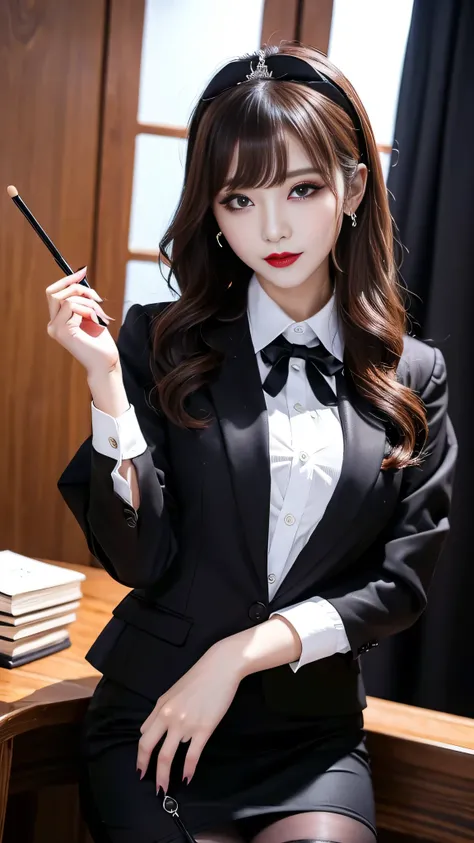 best quality、ultra-detailed、4k、Japanese、Seductive beauty、seductive adult woman、Pretty Woman、cool girl、Villainess、Brainwashed、brainwash、Fallen into evil、smirk、Evil look、Wicked Smile、evil、Brown hair、wavy hair、swept bangs、dark makeup、dark makeup、piercing eyes...