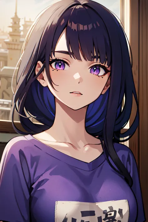 ((best quality)), ((masterpiece)), (detailed), perfect face. Asian girl. Purple hair. Purple eyes. T-shirt.