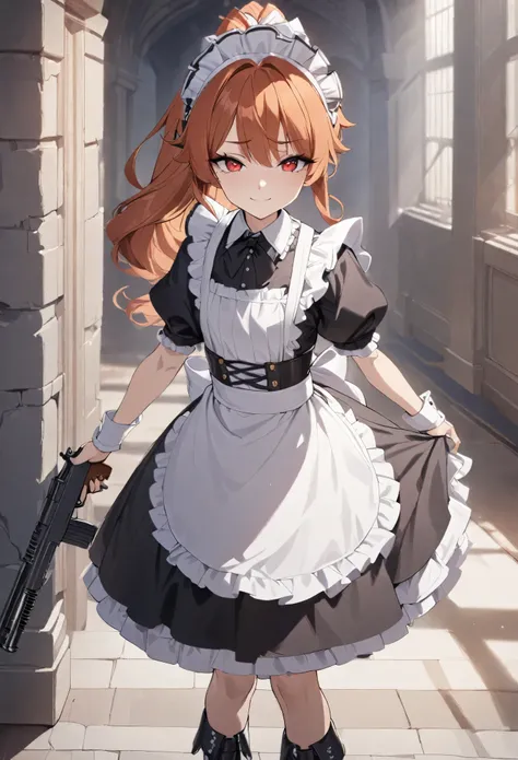 (best quality,4k,8k,highres,masterpiece:1.2),ultra-detailed, (1girl) A cute teenage bodyguard maid with red eyes, gunslinger, drawn in anime style, spiky ginger hair in a long ponytail, cute eyes and detailed face,long eyelashes, victorian fashion, wearing...