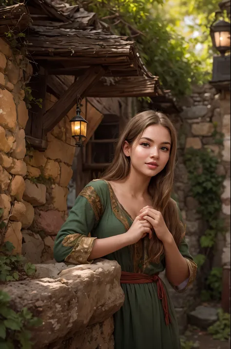 a photograph of a peasant girl, s1enna with brunette hair, set in a lush medieval village. she stands by an old stone well, her ...