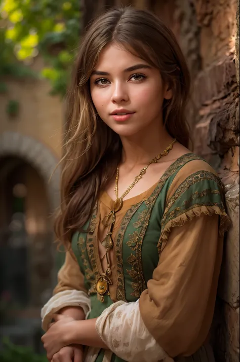 a photograph of a peasant girl, s1enna with brunette hair, set in a lush medieval village. she stands by an old stone well, her ...