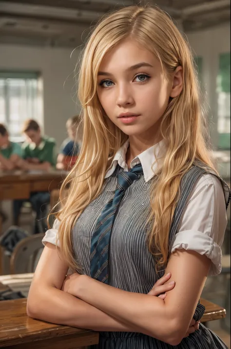 (sienna), masterpiece, a 16 years old girl with long blonde hair, wearing a shirt without a tie and a school skirt, in a college...