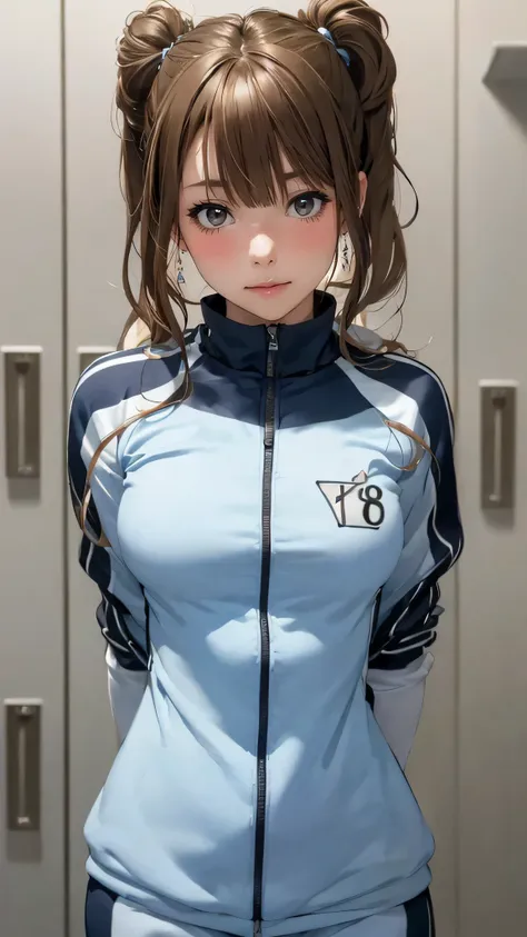 locker room,track suit,(thin type:1.5),(large breasts),(random hairstyle),(highest image quality,(8k), ultra-realistic, best qua...