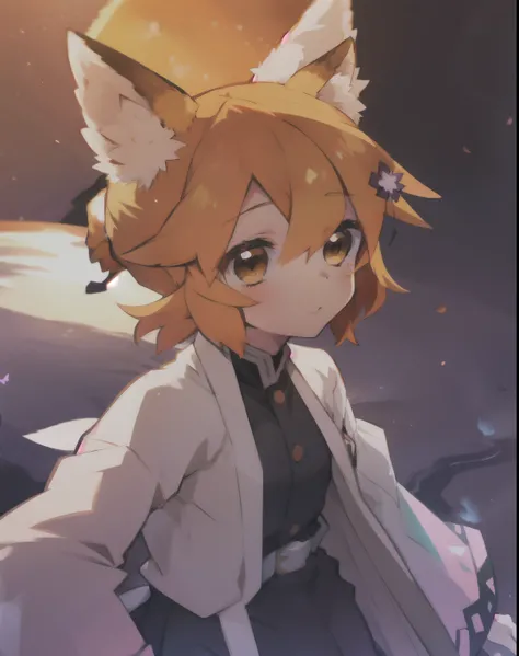ShinobuKochou_NDV, Senko san, sen, animal ears, fox ears, fox girl, fox tail, hair flower, hair ornament, orange eyes, orange hair, short hair, tail, ShinobuKochou_NDV, 1girl, purple eyes, black-purple hair, japanese clothes, demon slayer uniform, butterfl...